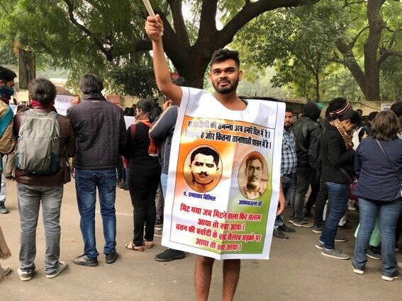 Deepanshu Sahu, a lawyer from Jabalpur, wearing only a vinyl sheet to protest the Citizenship Amendment Act in New Delhi on 19 December.