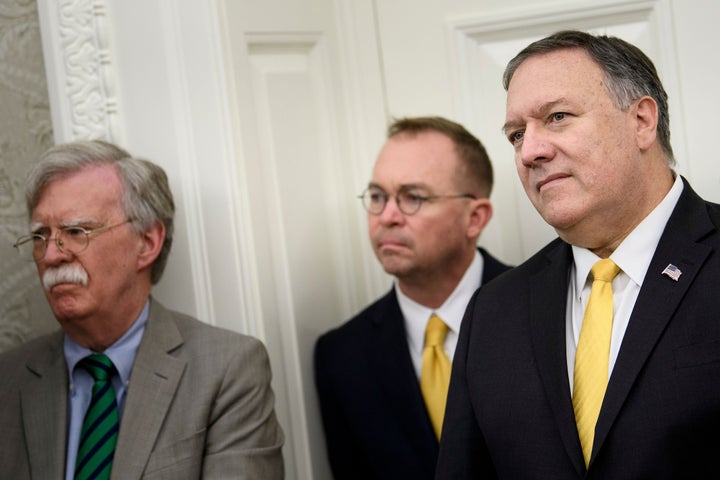 National Security Advisor John R. Bolton (left), acting White House Chief of Staff Mick Mulvaney (center) and Secretary of State Mike Pompeo.