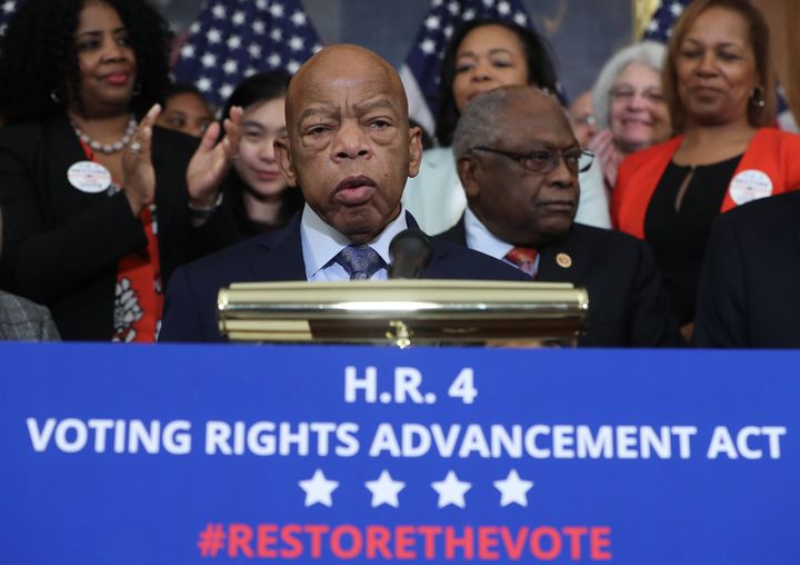 Lewis speaks to the media ahead of the House vote on the Voting Rights Advancement Act on Dec. 6, 2019. The bill would restore the full strength of the Voting Rights Act after a 2013 Supreme Court decision gutted it, unleashing widespread voter suppression.