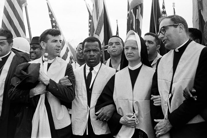 At the head of the march from Selma to Montgomery on March 25, 1965, nuns, priests and civil rights leaders: The Rev. Arthur Matott (from left), John Lewis (head of the Student Nonviolent Coordinating Committee), Andrew Young, Sister Mary Leoline and Theodore Gill.