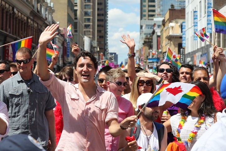Prime Minister Justin Trudeau during the 2016 Toronto Pride parade along Yonge Street in Toronto.