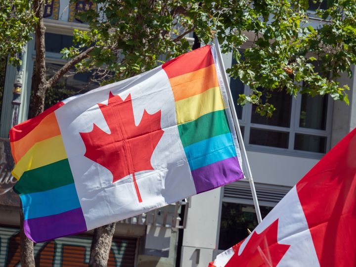 A Canadian Pride flag flies at a Pride festival.
