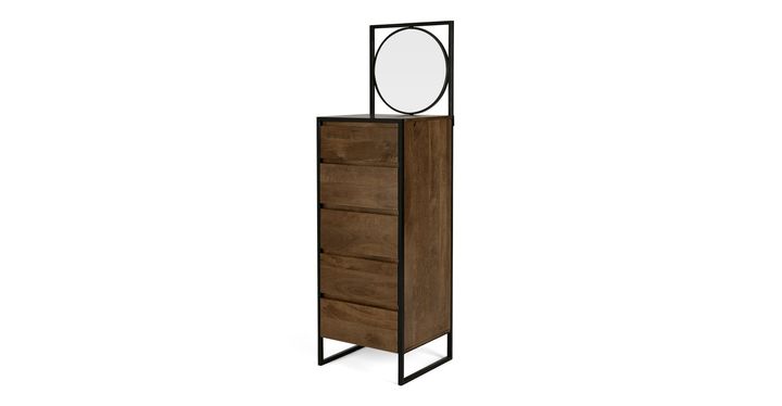 Rena Tall Vanity Chest of Drawers, Mango Wood and Black Metal, Made