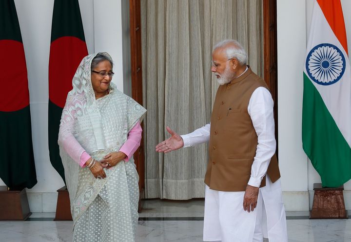 Prime Minister Narendra Modi with Bangladesh counterpart Sheikh Hasina before their meeting in New Delhi, Oct. 5, 2019. 