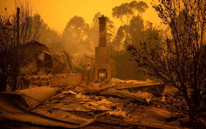 The remains of burnt out buildings are seen along main street in the New South Wales town of Cobargo on Dec. 31, 2019, after bushfires ravaged the town.