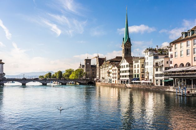 Zurich old town with the Limmat river flowing toward the Zurich lake in Switzerland