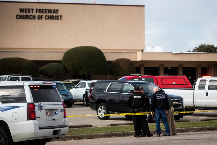 Police and fire department officials surround a scene of a shooting Sunday, Dec. 29, 2019, at West Freeway Church of Christ in White Settlement, Texas. (Yffy Yossifor/Fort Worth Star-Telegram/Tribune News Service via Getty Images)