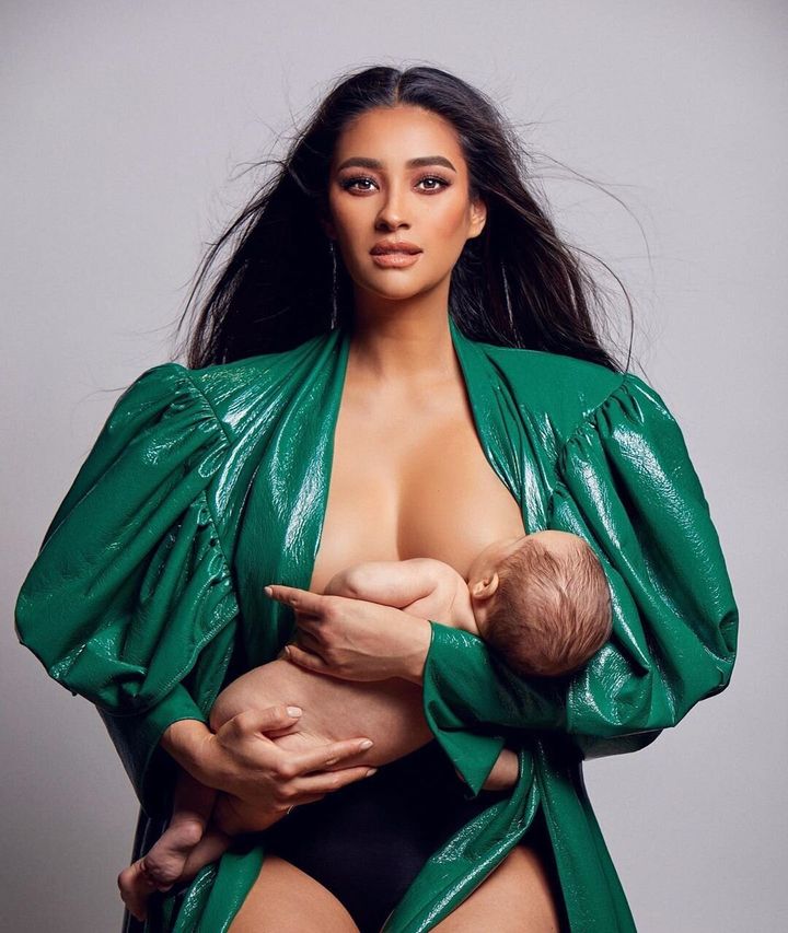 Shay Mitchell posted an Instagram photo of herself with daughter Atlas feeding, shot in the style of an editorial magazine.