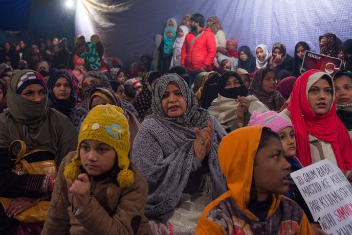 DELHI, INDIA - DECEMBER 31: Women take part in the sit-in protest against the Citizenship Amendment Act 2019 in Shaheen Bagh, Delhi, India on December 31, 2019. Thousands of people gathered at the protest site. (Photo by Javed Sultan/Anadolu Agency via Getty Images)