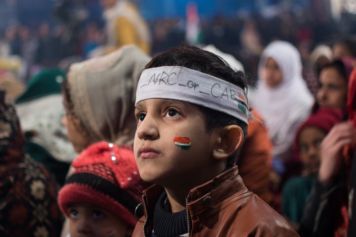 People take part in the sit-in protest against the Citizenship Amendment Act 2019 in Shaheen Bagh, Delhi, on December 31, 2019. 