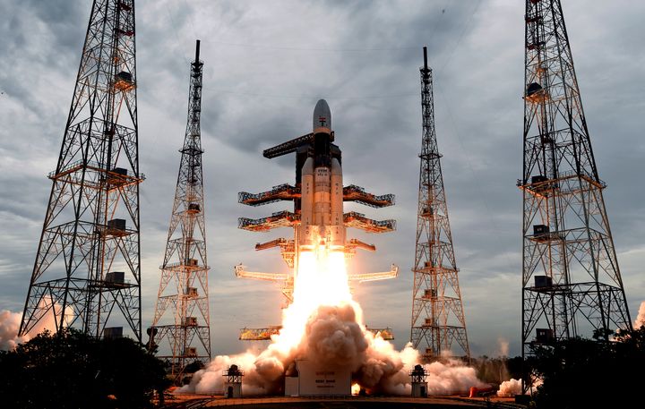 This photo released by the Indian Space Research Organization (ISRO) shows its Geosynchronous Satellite launch Vehicle (GSLV) MkIII carrying Chandrayaan-2 lift off from Satish Dhawan Space center in Sriharikota, July 22, 2019.
