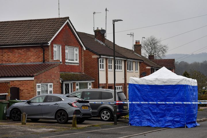 The scene in Duffield, Derbyshire after two people were found dead in a house.
