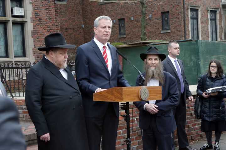New York Cty Mayor Bill De Blasio visits the Brooklyn neighborhood of Crown Heights and the Chabad Lubavitch Headquarters on Dec. 27 to speak about recent anti-Semitic attacks in the New York City area.