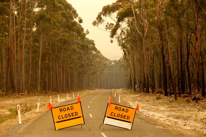 MALLACOOTA, AUSTRALIA - JANUARY 02: Roadblocks are seen in place outside the town of Orbost in eastern Gippsland on January 02, 2020, Australia. The HMAS Choules docked outside of Mallacoota this morning to evacuate thousands of people stranded in the remote coastal town following fires across East Gippsland which have killed one person and destroyed dozens of properties. (Photo by Darrian Traynor/Getty Images)