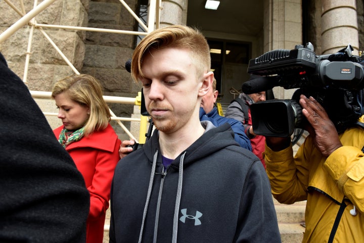 Ethan Couch is seen surrounded by members of the press after being released jail in April 2018. 