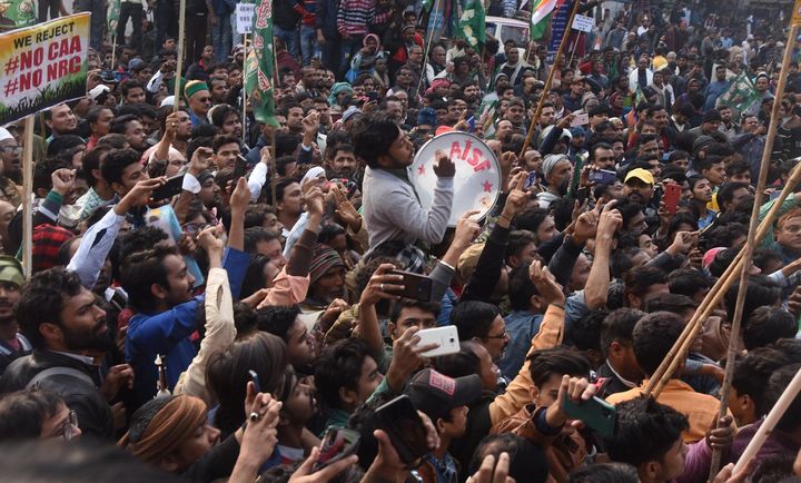 A view of the gathering during RJD leader Tejashwi Yadav call for Bihar Bandh in protest against CAA & NRC, at Dak Bungalow crossing on December 21, 2019 in Patna, India.