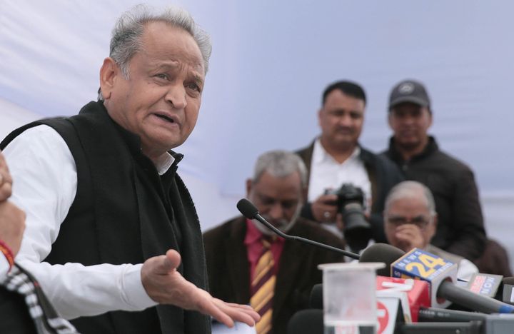 JAIPUR, INDIA - DECEMBER 16: Rajasthan Chief Minister Ashok Gehlot at a press conference on the occasion of completion of one year of congress lead state government, at CM residence on December 16, 2019 in Jaipur, India. (Photo by Himanshu Vyas/Hindustan Times via Getty Images)