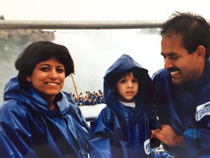 Ishani, centre, her mom, left and dad, at Niagara Falls, Ont. 