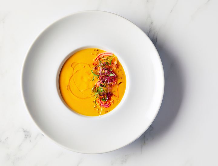 The golden chilled beet soup slated to be served as an appetizer for the all-vegan 77th Golden Globes on Jan. 5.
