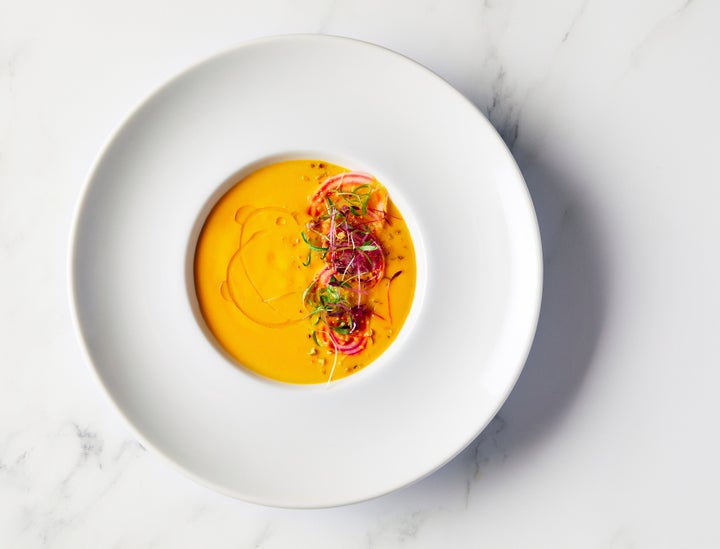 The golden chilled beet soup slated to be served as an appetizer for the all-vegan 77th Golden Globes on Jan. 5.