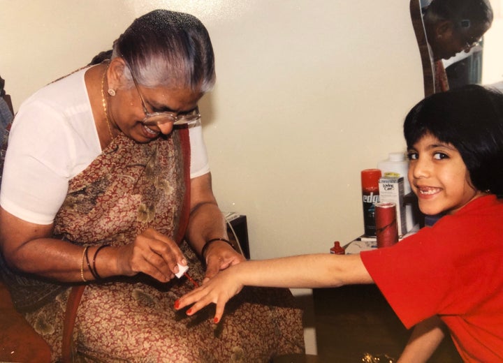 A young Ishani Nath, right, and her Nani, left, bond over nail polish.