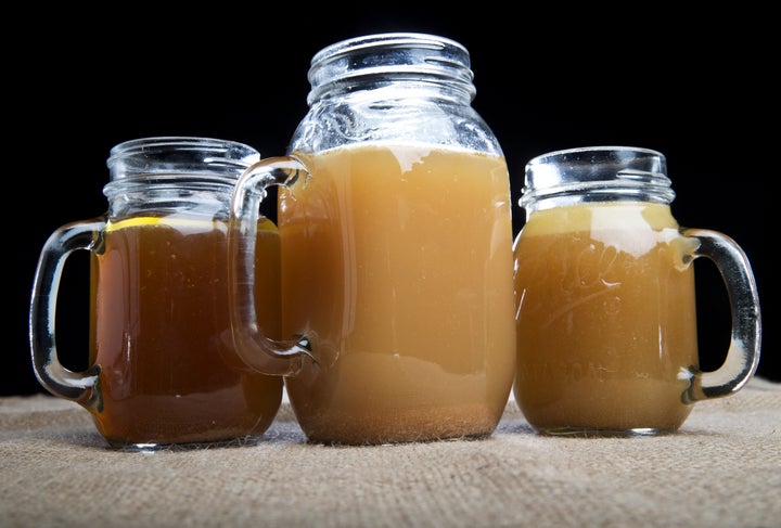 From left to right: Beef/chicken, chicken and beef bone broth.