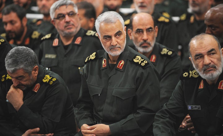 The Iranian Revolutionary Guards' Quds Force commander, Qassem Soleimani, center, on Sept. 18, 2016, during Ayatollah Ali Khamenei's meeting with Revolutionary Guards in Tehran. The U.S. confirmed Thursday that it carried out a strike that killed Soleimani in the Iraqi capital, Baghdad. 