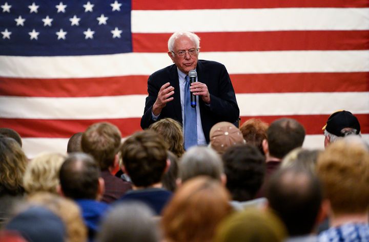 Sen. Bernie Sanders (I-Vt.) speaks in Anamosa, Iowa, on Friday. Before conducting a town hall, Sanders spoke out against the assassination in Baghdad of Iranian Maj. Gen. Qassem Soleimani.