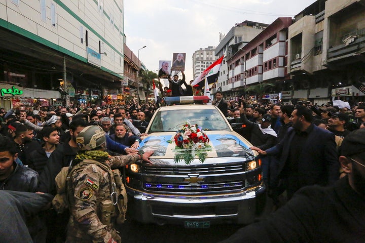 Thousands of Iraqis chanting "Death to America" joined the funeral procession on Saturday.