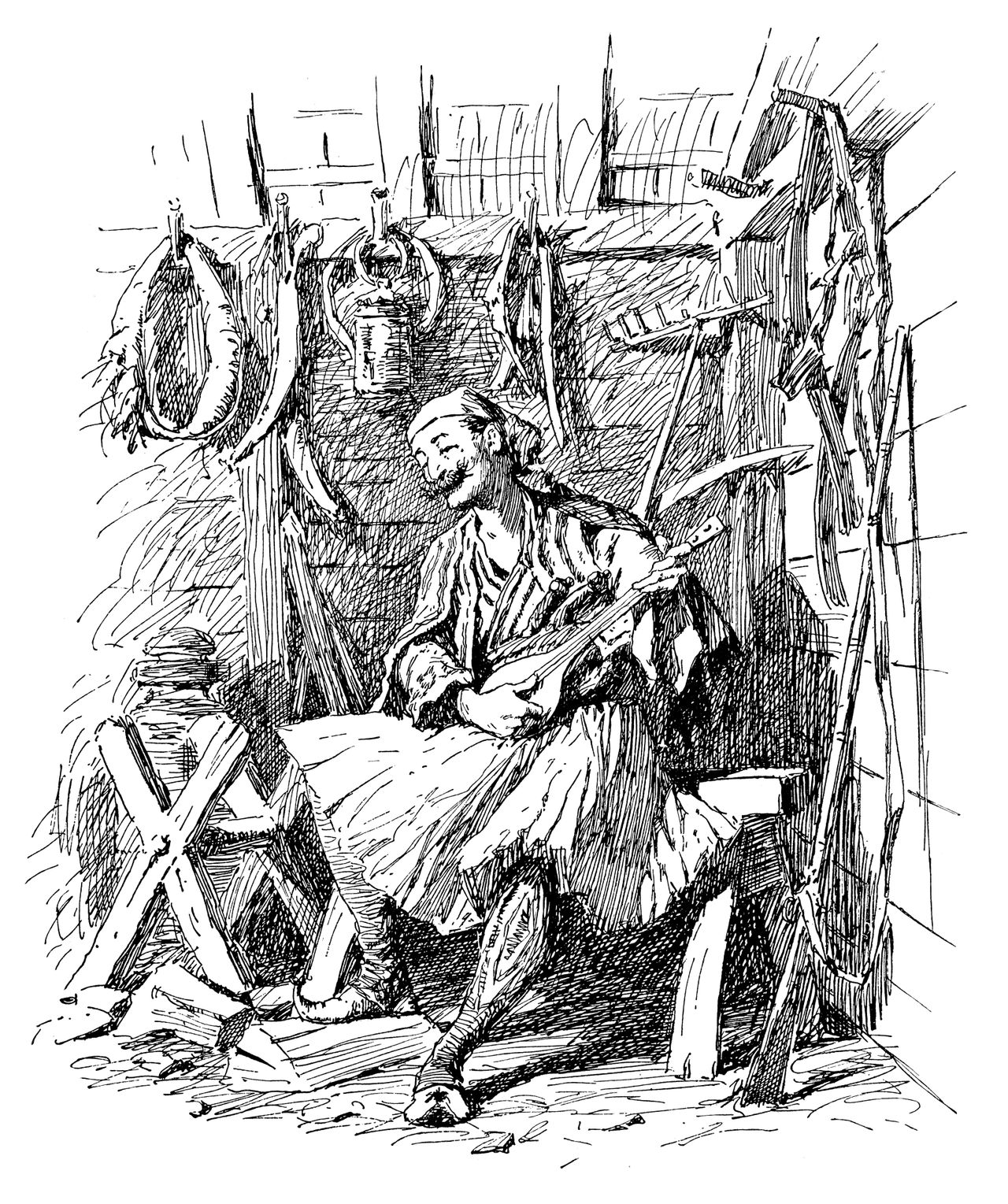Greek man playing the Bouzouki - Scanned 1891 Engraving