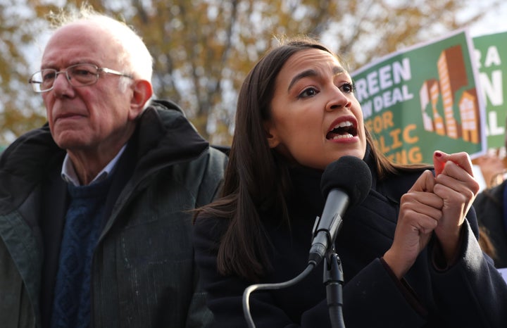 Sen. Bernie Sanders and Rep. Alexandria Ocasio-Cortez introduce legislation as part of their Green New Deal proposal on Nov. 14, 2019 in Washington, DC.