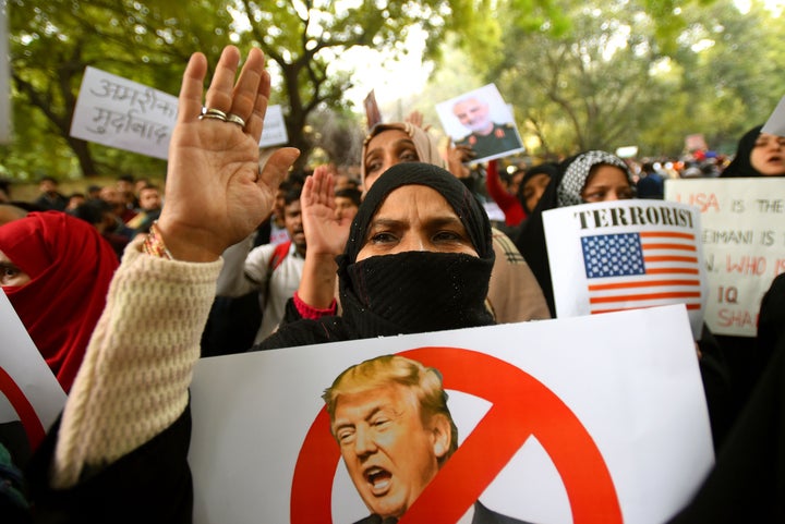 Demonstrators in New Delhi on Sunday, protesting the killing of Soleimani.