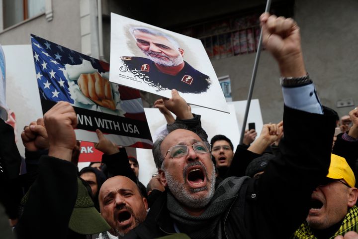 Protesters chant anti-U.S. slogans during a demonstration against the killing of Qassem Soleimani.