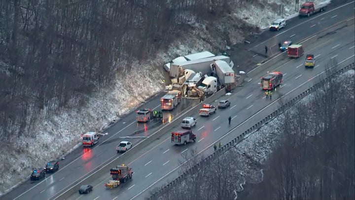 This image from video provided by KDKA TV shows the scene near Greensburg, Pa. along the Pennsylvania Turnpike where multiple