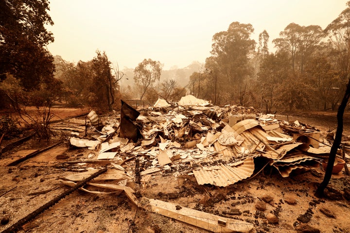 MALLACOOTA, AUSTRALIA - JANUARY 03: A view of fire damage on January 03, 2020 in Sarsfield , Australia. The HMAS Choules docked outside of Mallacoota this morning to evacuate thousands of people stranded in the remote coastal town following fires across East Gippsland which have killed one person and destroyed dozens of properties. (Photo by Darrian Traynor/Getty Images)