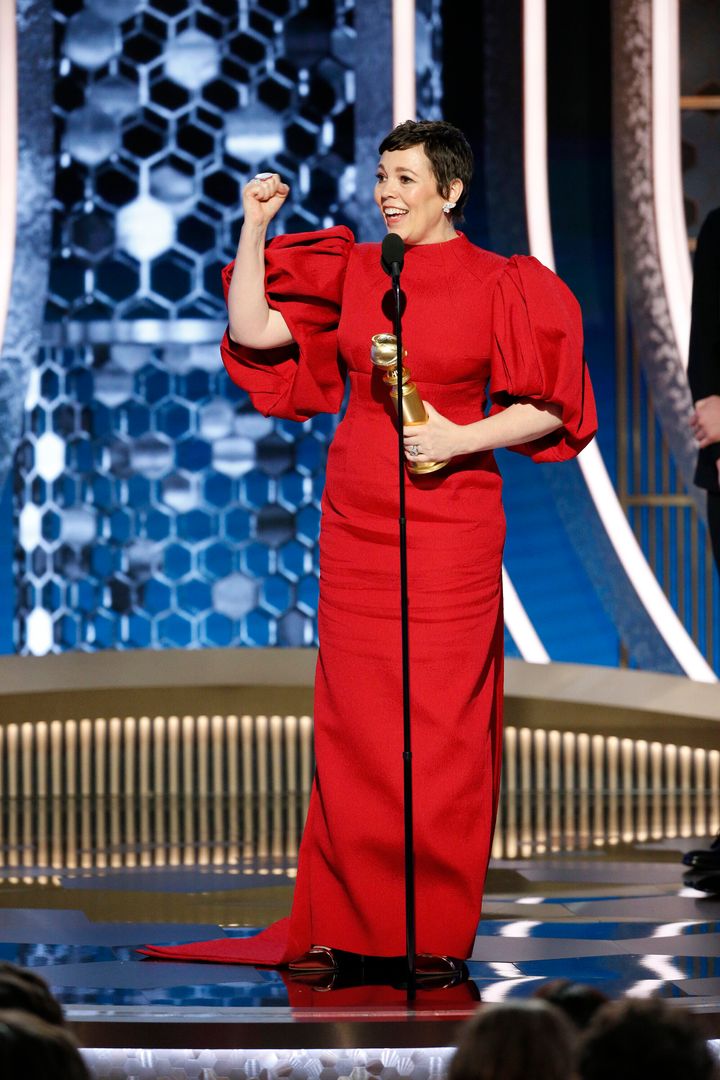 Olivia Colman on stage at the Golden Globes