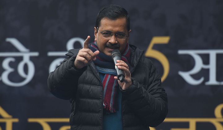 Delhi Chief Minister Arvind Kejriwal addresses the gathering during an election campaign, at Durgapuri Chowk, on December 30, 2019 in New Delhi.