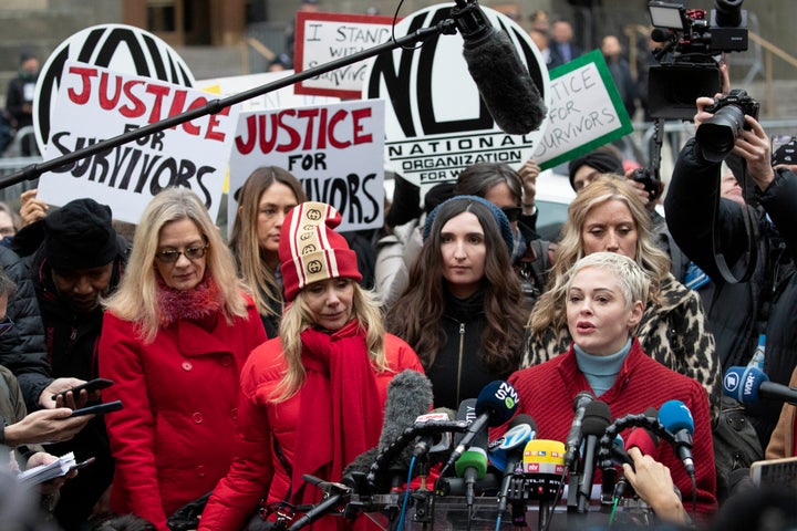 Actor Rose McGowan speaks at a news conference outside a Manhattan courthouse after the arrival of Harvey Weinstein, Jan. 6, 2020, in New York. Weinstein is on trial on charges of rape and sexual assault, more than two years after a torrent of women began accusing him of misconduct.