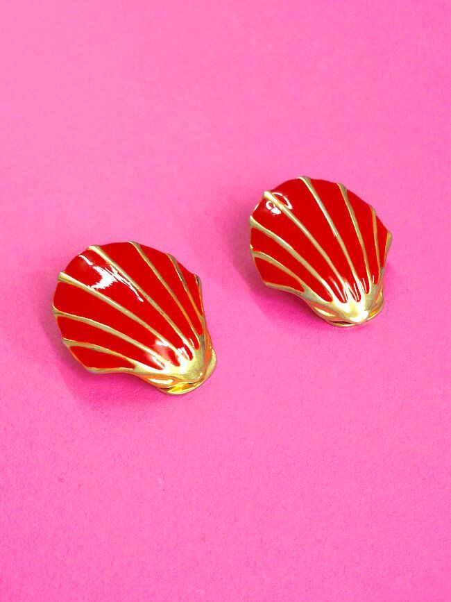 Red 1980s Vintage Earrings, Shell shape, St Cyr Vintage