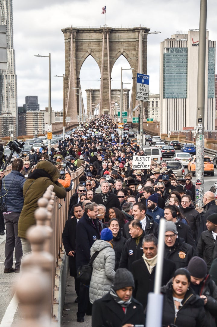 Thousands walk across the Brooklyn Bridge on Jan. 5, 2020, during a march protesting anti-Semitic hate crimes.