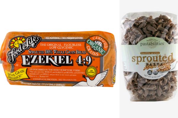 Left to right: Sprouted grain bread from <a href="https://www.instacart.com/landing?product_id=16292127&amp;retailer_id=53&amp;region_id=1874759253&amp;utm_medium=sem_shopping&amp;utm_source=instacart_google&amp;utm_campaign=ad_demand_shopping_food_ny_nyc_newengen&amp;utm_content=accountid-8145171519_campaignid-1747632644_adgroupid-63855219050_device-c&amp;gclid=EAIaIQobChMIxvLZktvv5gIVAWyGCh1w4gK4EAQYASABEgLJMPD_BwE" target="_blank" rel="noopener noreferrer">Ezekiel</a> and sprouted grain pasta from <a href="https://pastashoppe.com/product/sprouted-grains-pasta/" target="_blank" rel="noopener noreferrer">Pastabilities</a>.