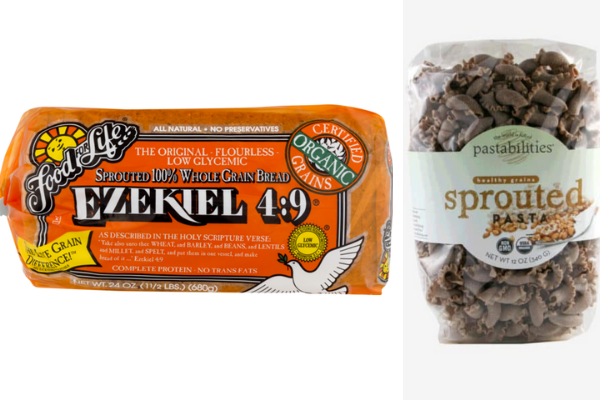 Left to right: Sprouted grain bread from <a href="https://www.instacart.com/landing?product_id=16292127&retailer_id=53®ion_id=1874759253&utm_medium=sem_shopping&utm_source=instacart_google&utm_campaign=ad_demand_shopping_food_ny_nyc_newengen&utm_content=accountid-8145171519_campaignid-1747632644_adgroupid-63855219050_device-c&gclid=EAIaIQobChMIxvLZktvv5gIVAWyGCh1w4gK4EAQYASABEgLJMPD_BwE" target="_blank" role="link" class=" js-entry-link cet-external-link" data-vars-item-name="Ezekiel" data-vars-item-type="text" data-vars-unit-name="5e1381abc5b6b5a713beb44b" data-vars-unit-type="buzz_body" data-vars-target-content-id="https://www.instacart.com/landing?product_id=16292127&retailer_id=53®ion_id=1874759253&utm_medium=sem_shopping&utm_source=instacart_google&utm_campaign=ad_demand_shopping_food_ny_nyc_newengen&utm_content=accountid-8145171519_campaignid-1747632644_adgroupid-63855219050_device-c&gclid=EAIaIQobChMIxvLZktvv5gIVAWyGCh1w4gK4EAQYASABEgLJMPD_BwE" data-vars-target-content-type="url" data-vars-type="web_external_link" data-vars-subunit-name="article_body" data-vars-subunit-type="component" data-vars-position-in-subunit="3">Ezekiel</a> and sprouted grain pasta from <a href="https://pastashoppe.com/product/sprouted-grains-pasta/" target="_blank" role="link" class=" js-entry-link cet-external-link" data-vars-item-name="Pastabilities" data-vars-item-type="text" data-vars-unit-name="5e1381abc5b6b5a713beb44b" data-vars-unit-type="buzz_body" data-vars-target-content-id="https://pastashoppe.com/product/sprouted-grains-pasta/" data-vars-target-content-type="url" data-vars-type="web_external_link" data-vars-subunit-name="article_body" data-vars-subunit-type="component" data-vars-position-in-subunit="4">Pastabilities</a>.