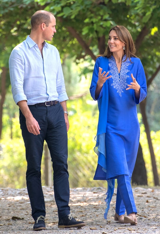 In a traditional salwar kameez by Pakistani designer Maheen Khan during a stop at Margalla Hills National Park in Islamabad.