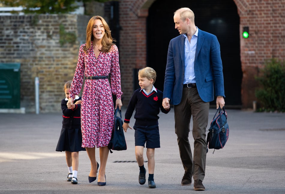 The belted dress she wore to bring Princess Charlotte to her first day of school is by Michael Kors. 