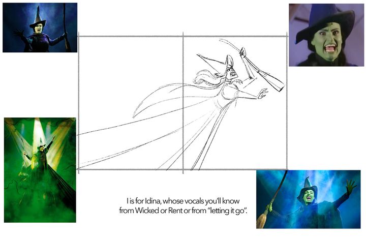 Illustrator Peter Emmerich pored over archival photos of Broadway productions in his research. These are the artist's sketches of Idina Menzel in "Wicked."