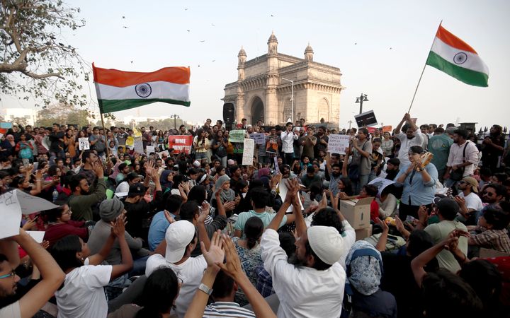 Demonstrators attend a protest against attacks on the students of New Delhi's Jawaharlal Nehru University (JNU), outside the Gateway of India monument in Mumbai, India, January 6, 2020. REUTERS/Francis Mascarenhas