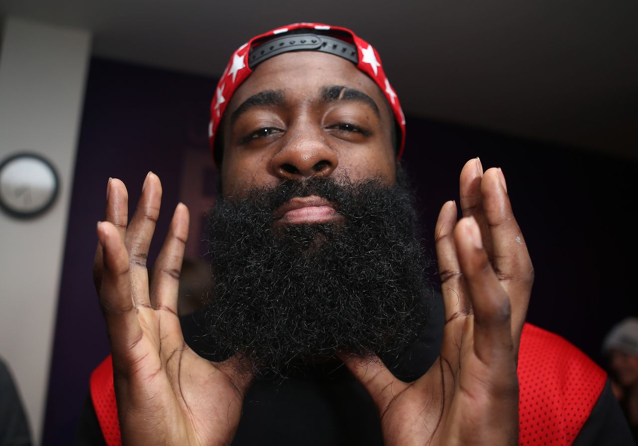 James Harden shows off his beard during a presentation by New Era Cap, which makes the caps for MLB, on Feb. 11, 2016, in Toronto.