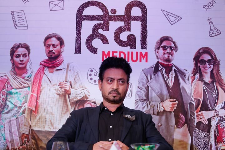 Irrfan Khan sits during a press conference to promote "Hindi Medium" in Ahmadabad, India, May 17, 2017. 