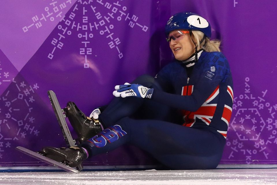 Elise Christie crashes out during the Ladies Short Track 1000m Heats at the 2018 Winter Olympics.