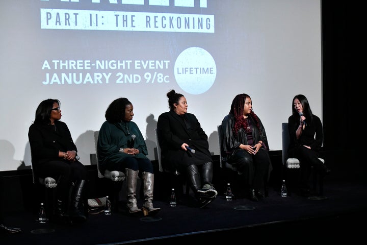 Brie Miranda Bryant, Tarana Burke, dream Hampton, Joanne Smith, and Clara Kim speak at screening of "Surviving R. Kelly Part II: The Reckoning" at Crosby Street Hotel on December 17, 2019 in New York City. 